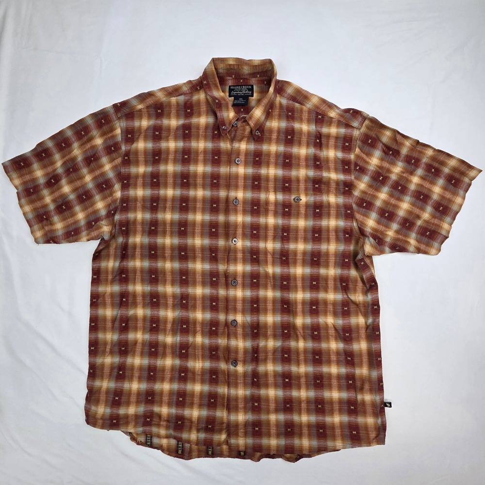Moose Creek Mens Plaid Button Down Shirt Cotton Orange Brown Short Sleeve XXL